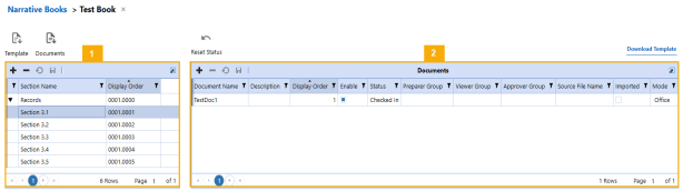 Admin page for managing the sections and documents within a narrative book. 